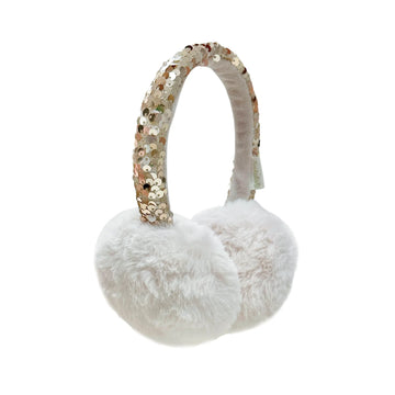 Shimmer Sequin Earmuffs - White fluffy earmuffs with gold sequin-covered headband, unique handmade Canadian kid’s gift accessory.