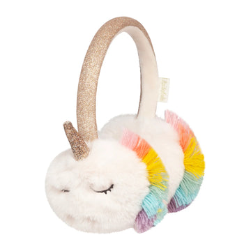 Rainbow Unicorn Earmuffs - Handmade Canadian rainbow unicorn earmuffs for kids with glittery horn, soft plush fabric, and pastel rainbow ear cushions,.