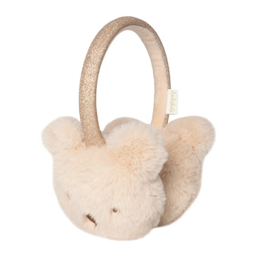 Teddy Bear Earmuffs - Handmade Canadian teddy bear earmuffs in soft beige plush, unique winter gift for kids.