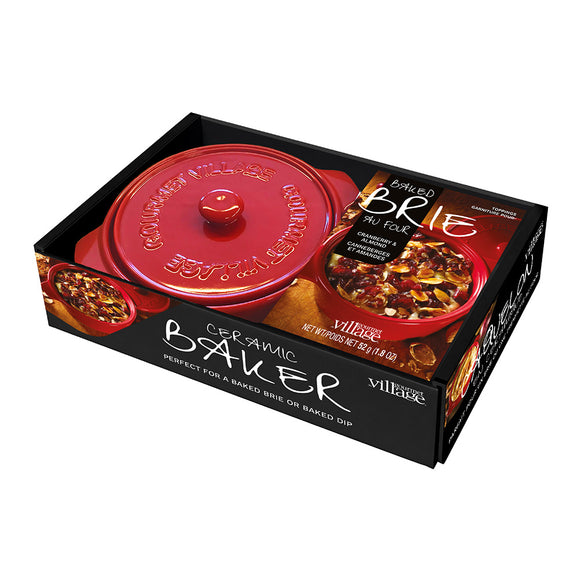 Red Ceramic Baker gift set with Cranberry Almond Brie topping