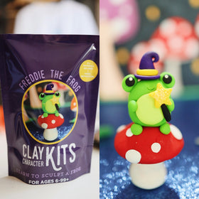 Clay Character Kits - Bright green clay frog with a purple wizard hat holding a yellow star, sitting on a red and white spotted mushroom figure.