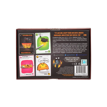 Exploding Kittens - Exploding Kittens card game box back with colorful illustrated cards and game instructions in English.
