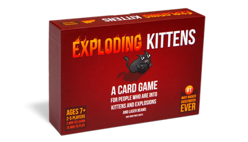 Exploding Kittens - Exploding Kittens card game box with red background, playful cat illustration, handmade Canadian gift.