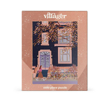 Villager Puzzles | Autumn in Montreal | 1000-Piece Puzzle for Adults - 1000-piece Villager Puzzles box with autumn Montreal street scene in warm brown and orange tones.
