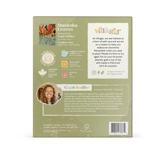 Villager Puzzles | Muskoka Leaves | 500-Piece Puzzle for Adults - Villager Puzzles Muskoka Leaves 500-piece puzzle box with handmade Canadian design and gift details.