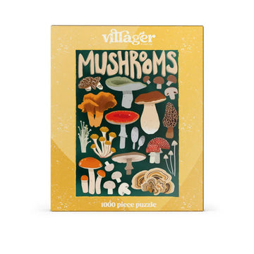 Villager Puzzles | Mushroom Forager | 1000-Piece Puzzle for Adults - Yellow and green puzzle box featuring illustrated colorful mushrooms with varied shapes and sizes, labeled "Mushrooms" and.
