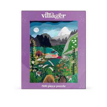 Villager Puzzles | Rockies Explorer | 500-Piece Puzzle for Adults - Purple box with colorful mountain and forest artwork, labeled Villager Rockies Explorer 500-piece puzzle.