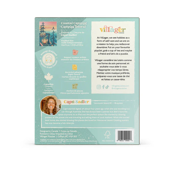 Villager Puzzles | Coastal Camping | 1000-Piece Puzzle for Adults - Villager Puzzles Coastal Camping 1000-piece handmade Canadian jigsaw puzzle gift box back view.