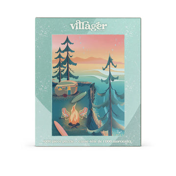 Villager Puzzles | Coastal Camping | 1000-Piece Puzzle for Adults - Villager Puzzles Coastal Camping 1000-piece handmade Canadian puzzle with campfire and trailer at sunset, unique gift.