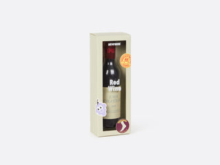 A beige, rectangular box with a clear panel to display socks folded to resemble a bottle of red wine