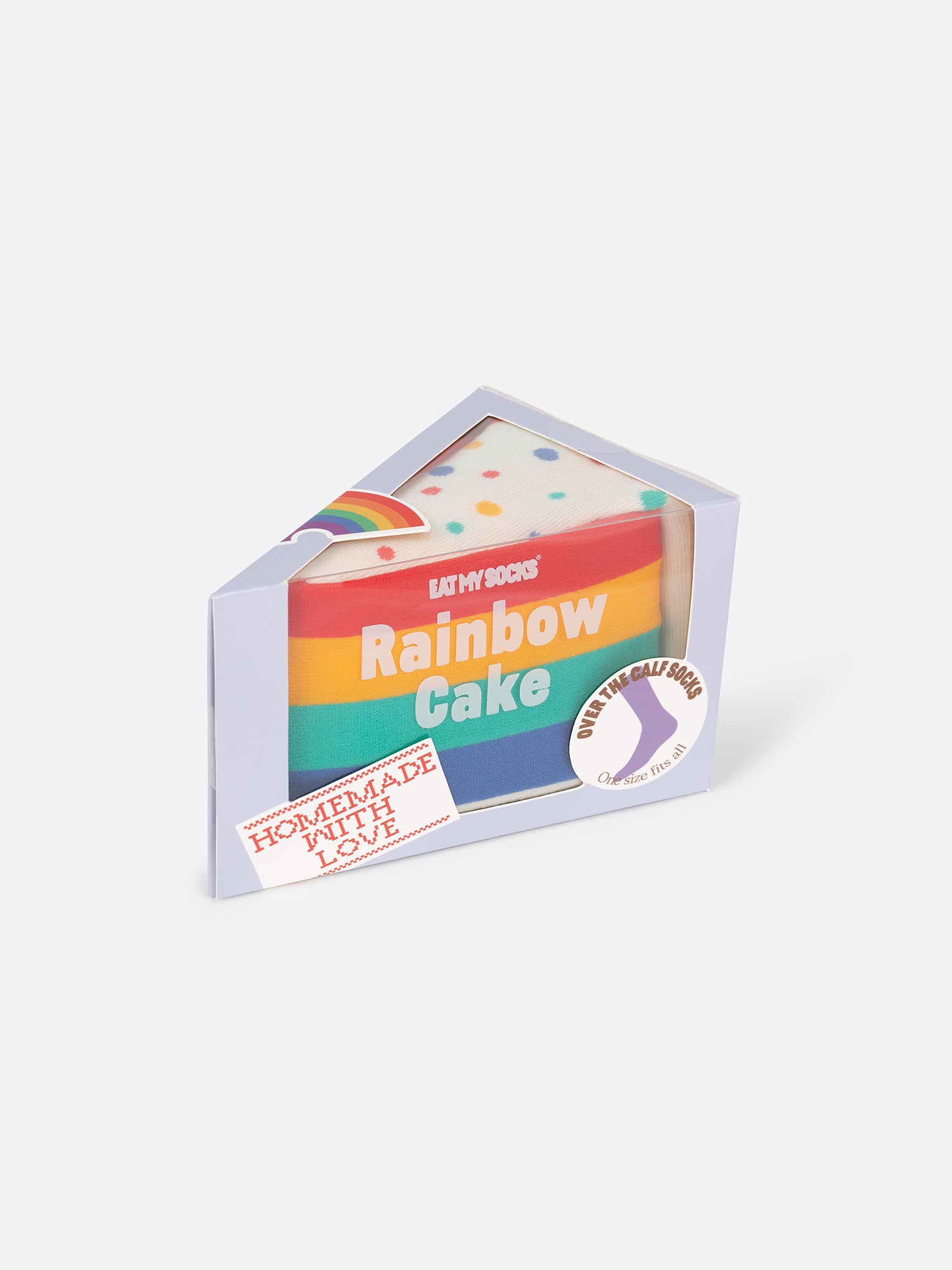 A purple box with a clear panel to display socks folded to resemble a rainbow layered cake