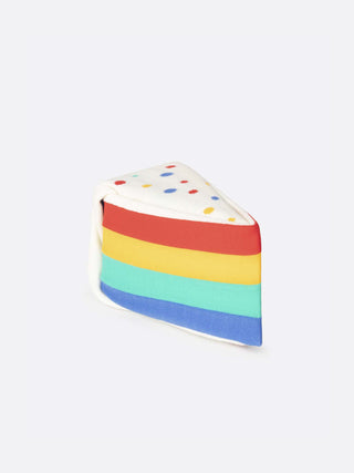 A purple box with a clear panel to display socks folded to resemble a rainbow layered cake