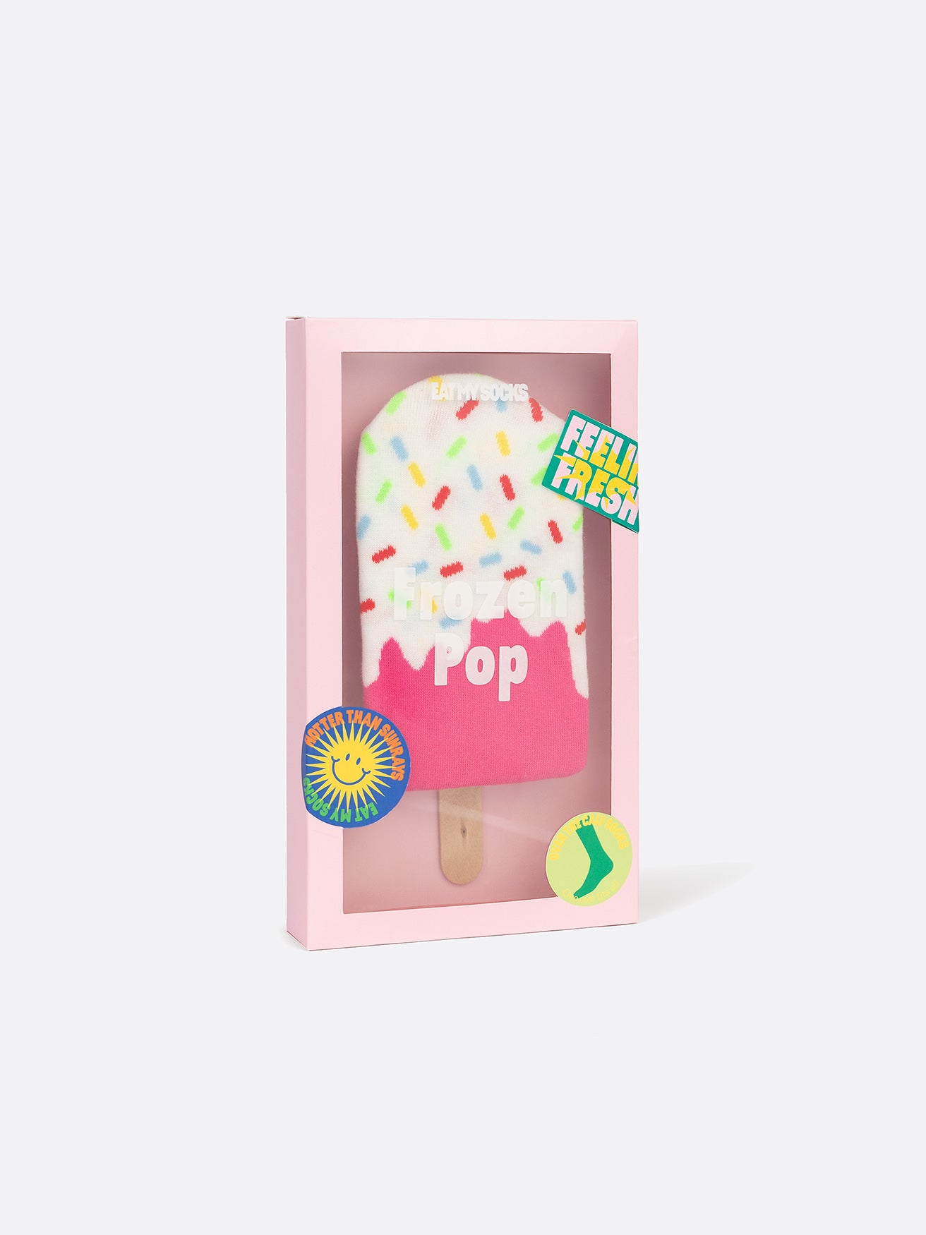 A pink box with a clear panel to display pink and white socks folded to resemble a popsicle