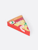 A red, triangular box with a clear top displaying socks folded to resemble a slice of pizza