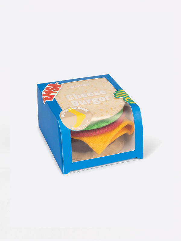 A blue box with a clear panel to display socks folded to resemble a cheeseburger