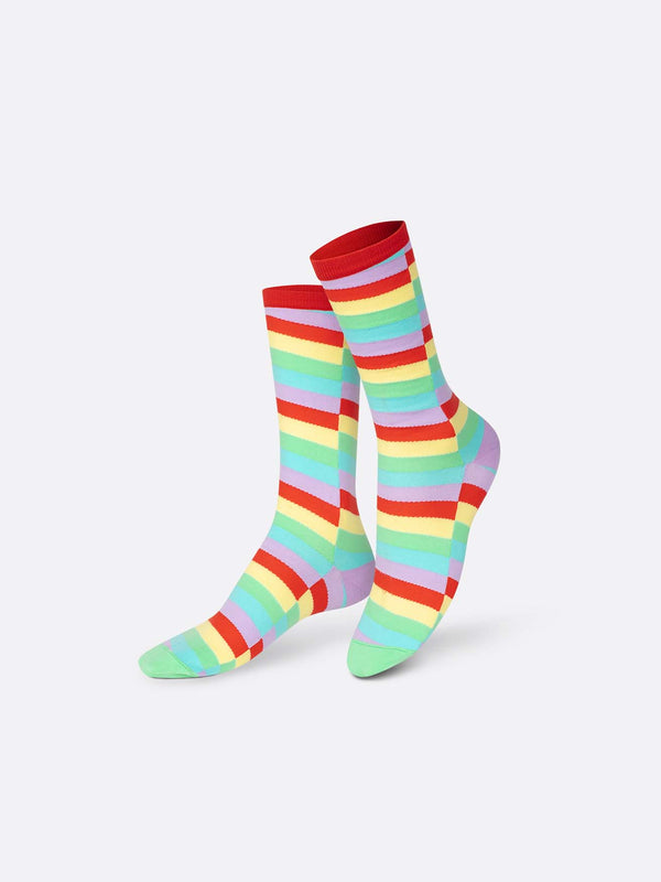 Rainbow striped socks consisting of turquoise, red, pale yellow and purple