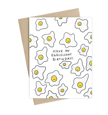Have an Eggcellent Birthday Greeting Card - Handmade Canadian birthday card with smiling fried egg pattern and "Have an Eggcellent Birthday" text, unique gift.
