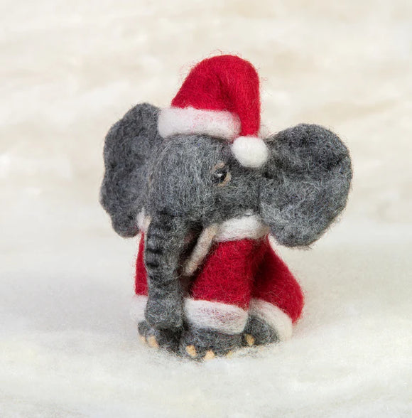 Needle Felted Elephant in Santa Suit Ornament