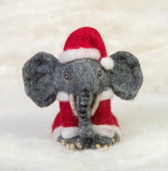 Needle Felted Elephant in Santa Suit Ornament