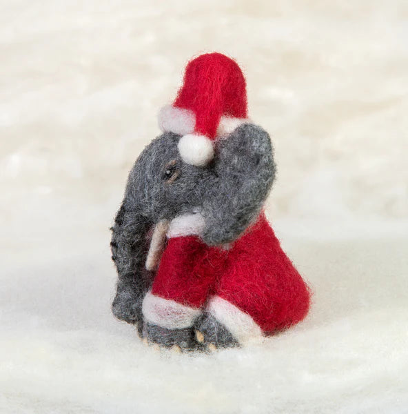 Needle Felted Elephant in Santa Suit Ornament