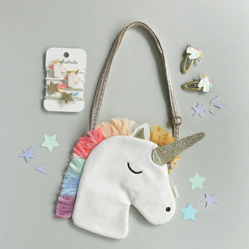 Rainbow Unicorn Clips - Handmade Canadian rainbow unicorn hair clips and matching purse with glitter horn, unique gift for kids.