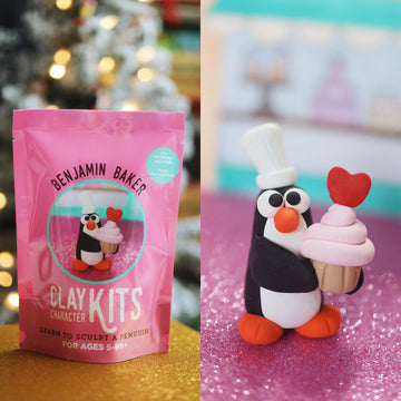 Clay Character Kits - Pink packaging of Canadian handmade Clay Character Kit featuring Benjamin Baker penguin with chef hat and cupcake gift craft .