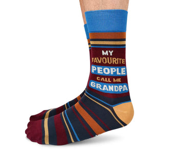 Men's Favourite Grandpa Socks - Men's handmade Canadian socks with blue, maroon, and striped design and "My Favourite People Call Me Grandpa" text gift.