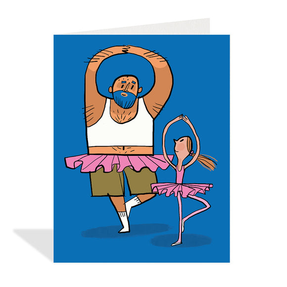 Two Ballerinas Father's Day Card - Handmade Canadian Father's Day card with unique illustration of man and child in pink ballerina tutus on blue background,.