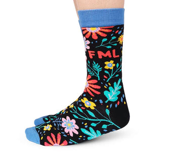 Women's FML Socks - Handmade Canadian women's socks with colorful floral pattern, blue cuffs and toes, unique gift.
