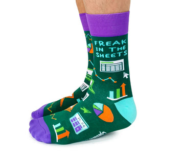 Men's Freak in the Sheets Socks - Men's crew socks with colorful charts and graphs, green base, purple toes and cuffs, unique Canadian handmade gift.