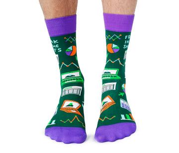 Men's Freak in the Sheets Socks - Men's green socks with purple toes and cuffs, featuring playful financial charts and graphs, unique handmade Canadian gift.
