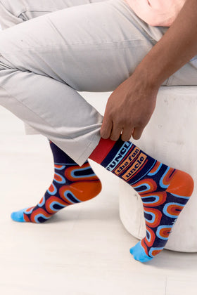 Men's Funcle Socks - Men's colorful geometric patterned socks with blue toes, unique handmade Canadian gift.