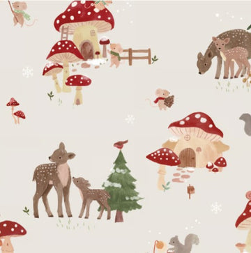 Loulou Lollipop Muslin Swaddle (various patterns) - Cream muslin swaddle with red mushroom houses, deer, pine trees, and butterflies pattern.