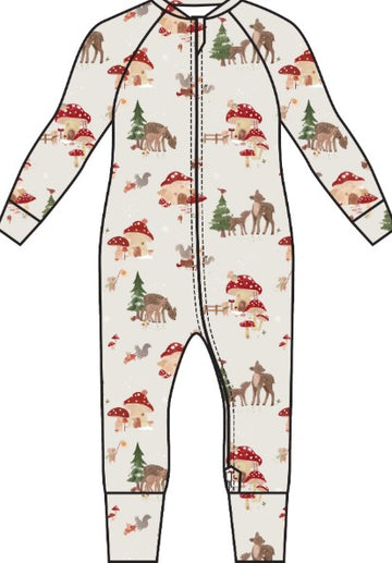 Forest Families Sleeper (Loulou Lollipop) - Cream-colored baby sleeper with forest animal and mushroom print, long sleeves, front zipper closure.