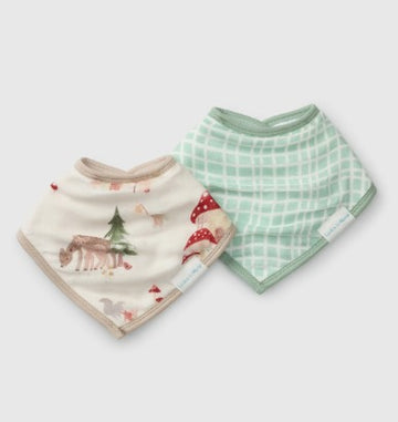 Loulou Lollipop Bandana Bib Set (various patterns) - Two soft cotton baby bandana bibs, one with forest animal and mushroom print, the other with mint green grid pattern.
