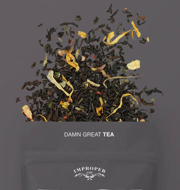 Fuck Off Tea - Loose black tea blend with orange and yellow floral petals, handmade Canadian gourmet gift pack.