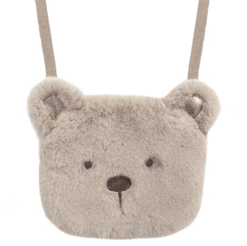 Teddy Bear Bag - Small gray teddy bear shoulder bag with soft plush fabric, handmade Canadian kids gift.