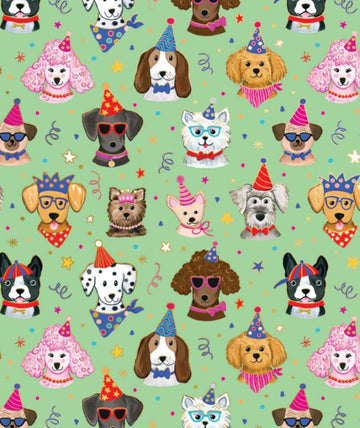 Wrapping Paper Hand Roll - Green wrapping paper roll with colorful cartoon dogs wearing party hats and festive accessories.