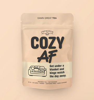 Cozy AF Tea - Cozy AF handmade Canadian tea gift pouch with cozy couch design and bold text.