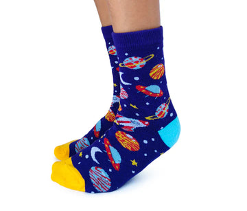 Kids Galaxy Socks - Handmade Canadian kids socks with vibrant galaxy planets and rockets, unique gift idea.