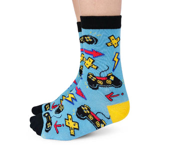 Kids Game All Day Socks - Kids blue socks with playful video game controllers and lightning bolts, handmade Canadian gift.