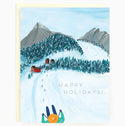 A card with an illustration of a ski course with a ski lift in the background and snow covered pine trees surrounding the mountains and slopes. At the bottom of the card there is a skier descending the slope towards 4 red chalets.