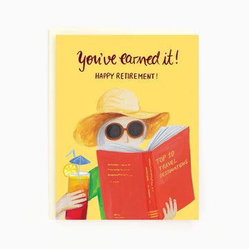 Her Retirement Card | The Paperhood - Yellow retirement card with illustration of woman in large hat and sunglasses reading red book and holding drink.
