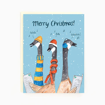 Holiday Geese Card | The Paperhood - Handmade Canadian Christmas card with three geese wearing winter scarves and hats, unique holiday gift design.