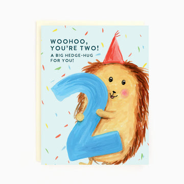 2nd Birthday Hedgehog Card | The Paperhood - Handmade Canadian 2nd birthday card with cute hedgehog holding blue number two, unique gift design.
