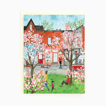 Assorted Box Of 8 'Toronto Seasons' Greeting Cards - Handmade Canadian greeting card with colorful springtime Toronto street scene and blossoming trees.