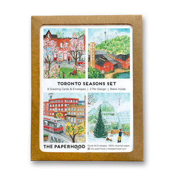 Assorted Box Of 8 'Toronto Seasons' Greeting Cards - Assorted box of 8 handmade Canadian greeting cards featuring unique Toronto seasonal artwork, ideal gift set.