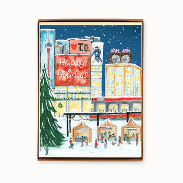 Toronto Yonge & Dundas Wraparound Holiday Cards Box of 8 - Handmade Canadian holiday card featuring snowy Toronto Yonge & Dundas cityscape with festive market and Christmas tree,.