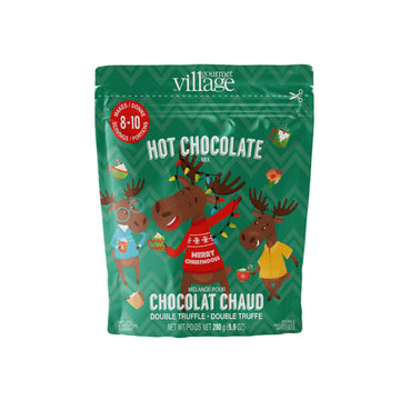 Merry Christmoose Hot Chocolate Pouch - Green pouch with festive moose illustrations holding hot chocolate mugs, labeled Merry Christmoose Hot Chocolate.