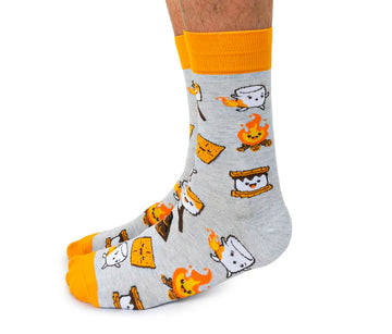 Men's Gimme S'more Socks - Men's socks with orange cuffs and toe, featuring handmade Canadian s'mores and campfire pattern, unique gift idea.